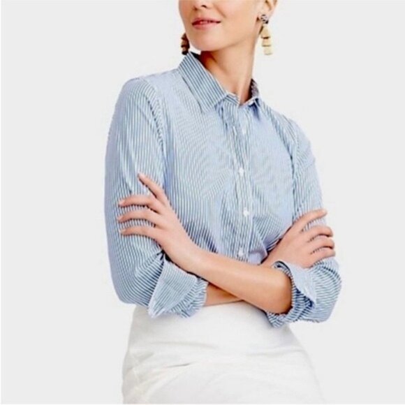 J. Crew Tops - J.Crew Size XS Blue White Striped Cotton Button-Down Shirt Classic Preppy Style
